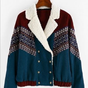 Tribal Print Faux Shearling Corduroy Jacket - L